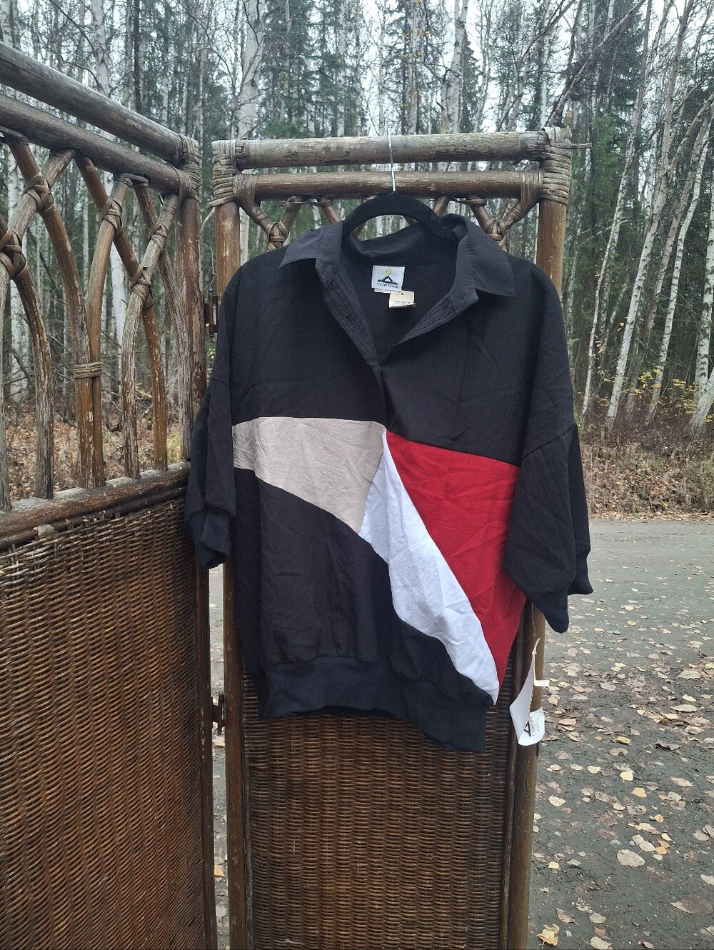 Men's Colorblock Polo Shirt in Black with Red, White & Beige Panels
